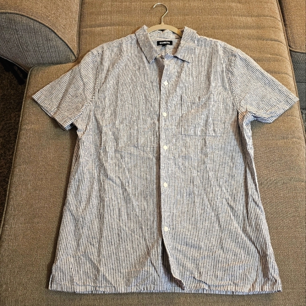 Express Pinstripe Blue White Button Linen Blend Casual Shirt Size Medium